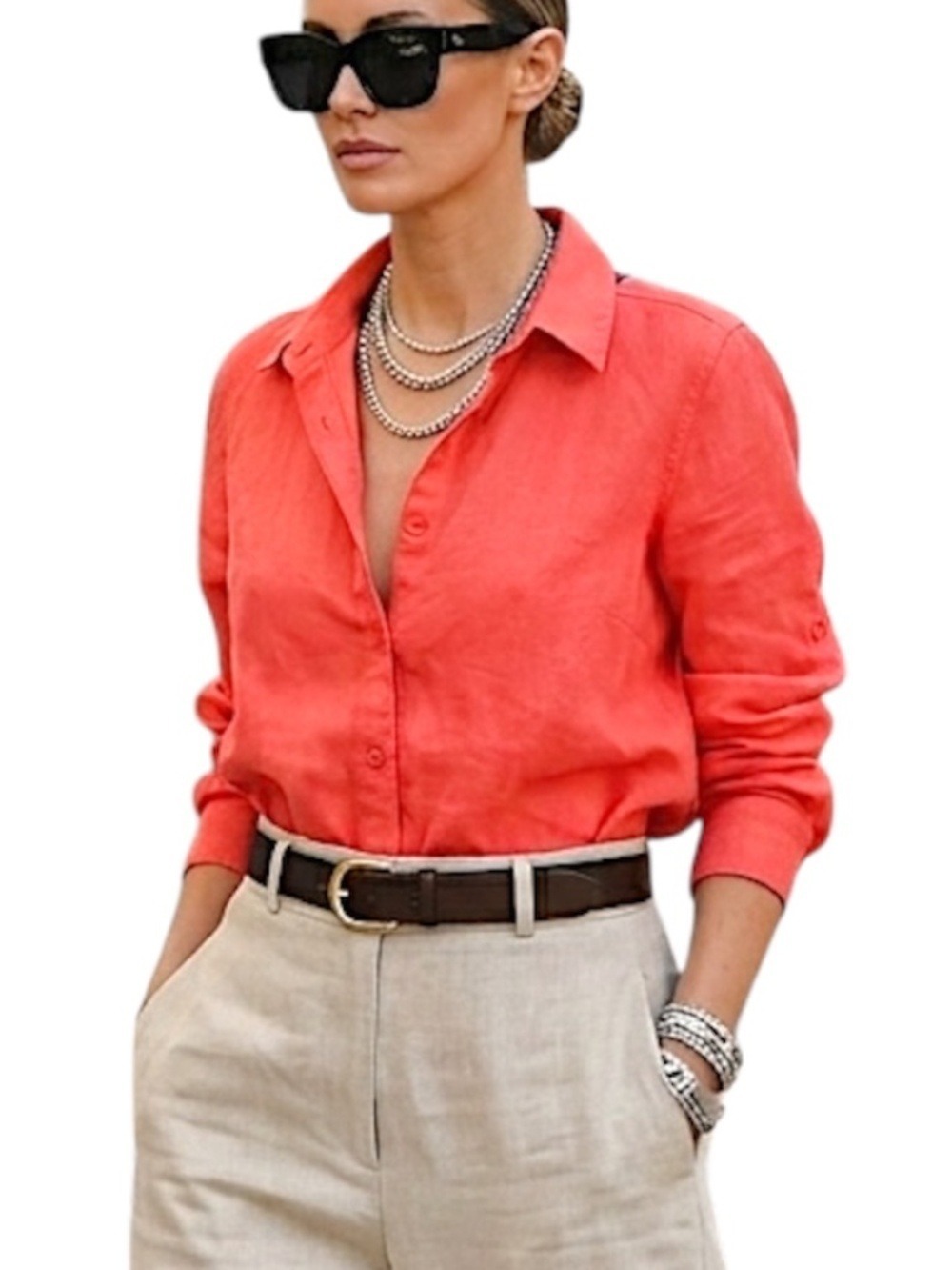 Ecru pure linen saturated coral long sleeve coastal old money blouse S shortened